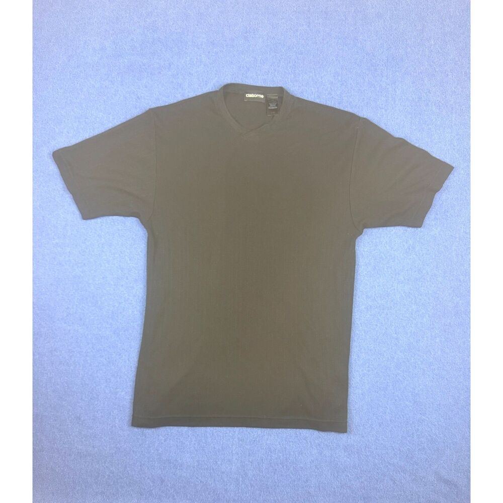Claiborne Mens M Black V Neck Ribbed Knit Shirt Y2K Minimalist Stretch Tee